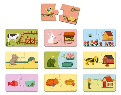 Zwierzęta i ich domki, dwuczęściowe puzzle, 20 elementów