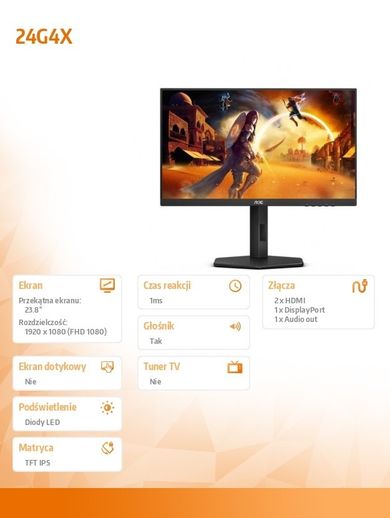 Aoc, monitor, 23.8", 24G4X, IPS, 180Hz, HDMIx2, DP, Pivot