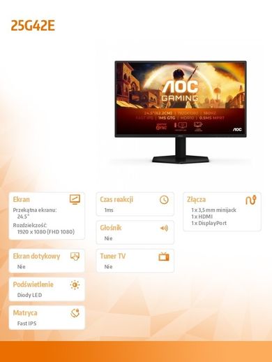 Aoc, monitor, 24.5", 25G42E, 180Hz, Fast IPS, HDMI, DP