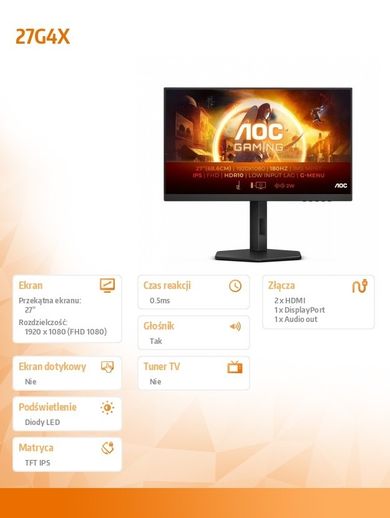 Aoc, monitor, 27", 27G4X, IPS, 180Hz, HDMIx2, DP, Pivot, głośniki