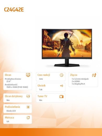 Aoc, monitor zakrzywiony, 23.6", C24G42E, 180Hz, VA, HDMIx2, DP