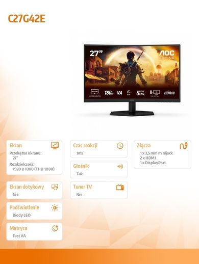 Aoc, monitor zakrzywiony, 27", C27G42E, 180Hz, VA, HDMIx2, DP