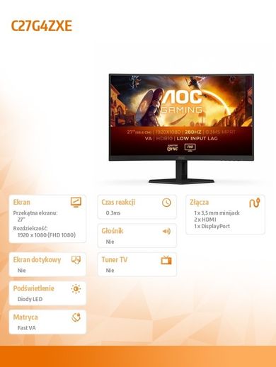 Aoc, monitor zakrzywiony, 27", C27G4ZXE, Fast VA, 280Hz, HDMIx2, DP