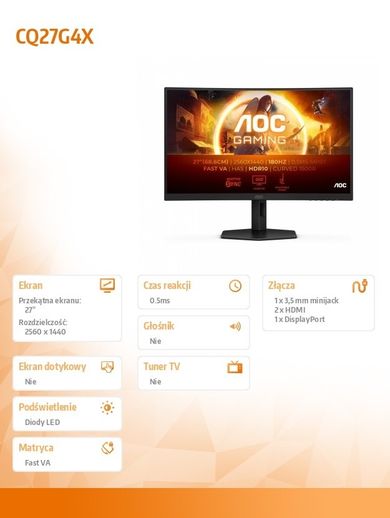 Aoc, monitor zakrzywiony, 27", CQ27G4X, Fast VA, 180Hz, HDMIx2, DP, HAS