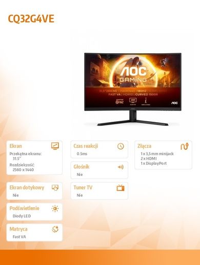 Aoc, monitor zakrzywiony, 31.5", CQ32G4VE, Fast VA, 180Hz, HDMIx2, DP