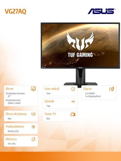 Asus, monitor, 27", VG27AQ WQHD, IPS, HDMI, DP, 1ms, 155 Hz