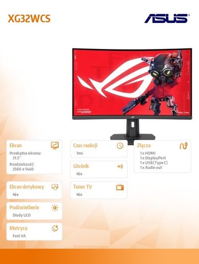 Asus, ROG S, monitor, 32", XG32WCS, 180Hz, DP, HDMI, USB-C