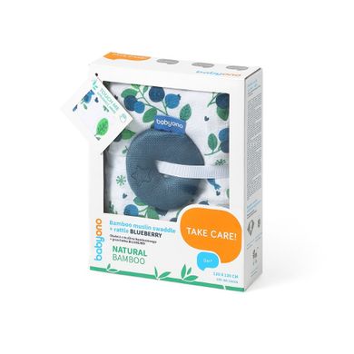 BabyOno, otulacz bambusowy z grzechotką, blueberry