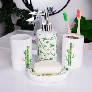 Bathroom Solutions, zestaw łazienkowy ceramiczny, biały dekor bambus, 4 elementy