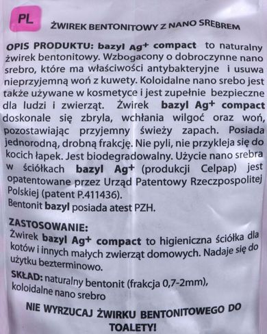 Bazyl, Ag+ Compact, żwirek dla kota, bentonitowy, 5l