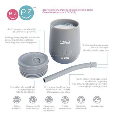 EZPZ, silikonowy kubeczek ze słomką Mini Cup + Straw Training System, 120 ml, szary