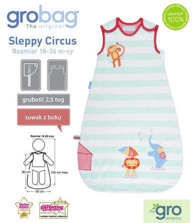 Gro Company, Grobag Sleppy Circus, śpiworek, grubość 2,5 tog, 18-36m