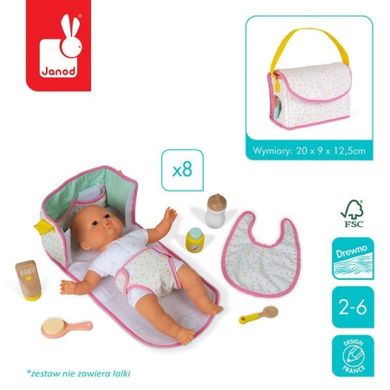 Janod, zestaw, torba do przewijania lalki z 8 akcesoriami