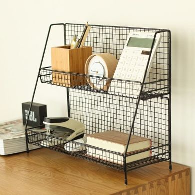 Metalowa, dwupoziomowa, stojąca półka, styl Loft, czarna
