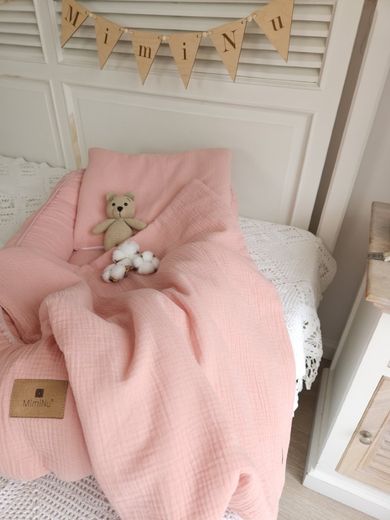 MimiNu, poduszka z poszewką na suwak, muślin, pudrowy róż, 40-30 cm