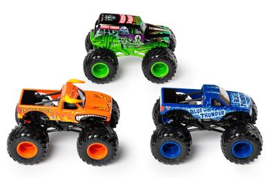 Monster Jam, Grave Digger + El Toro Loco + Blue Thunder, zestaw 3 pojazdów, 1:64