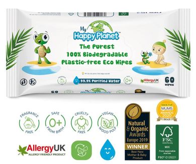 My Happy Planet, biodegradowalne chusteczki nasączone czystą wodą, 60 szt.