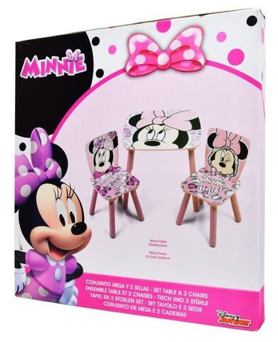 Myszka Minnie, stolik i dwa krzesełka, drewniany zestaw mebli dla dzieci