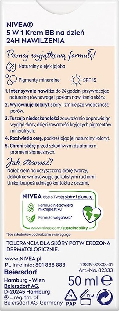 Nivea, 24h nawilżenia, krem bb 5w1 na dzień, odcień jasny, 50 ml
