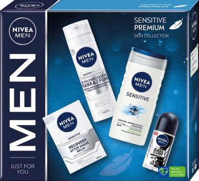 Nivea Men, Sensitive Premium, zestaw, żel pod prysznic 250 ml + antyperspirant roll-on 50 ml + balsam po goleniu 100 ml + pianka do golenia 200 ml