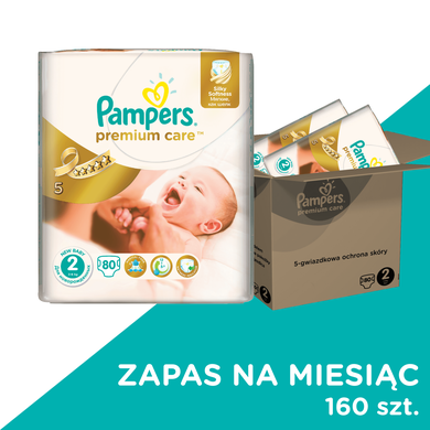 Pampers, Premium Care, pieluchy jednorazowe, rozmiar 2, mini, 160 szt., zapas na miesiąc
