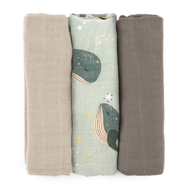 Petite&Mars, Moussy, zestaw pieluszek z muślinu bambusowego, Whale Song, 68-68 cm, 3 szt.