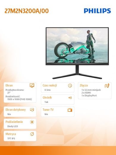 Philips, monitor, 27", 27M2N3200A, IPS, 180Hz, HDMIx2, DP, Pivot, głośniki
