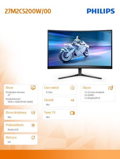 Philips, monitor zakrzywiony, 27", 27M2C5200W, VA, 280Hz, HDMIx2, DP, HAS
