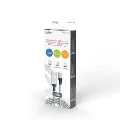 Savio, kabel magnetyczny USB - USB Typ C, Micro I Lightning, 2m, srebrny