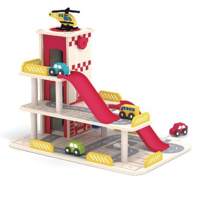 Smily Play, drewniany garaż z windą, zestaw z pojazdami i helikopterem