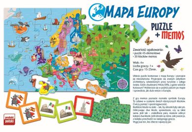 Trefl, Mapa Europy, puzzle + gra memory, 45 elementów