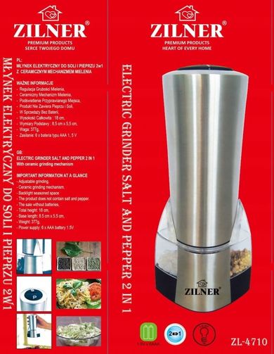Zilner, młynek elektryczny do soli i pieprzu, 2w1, led