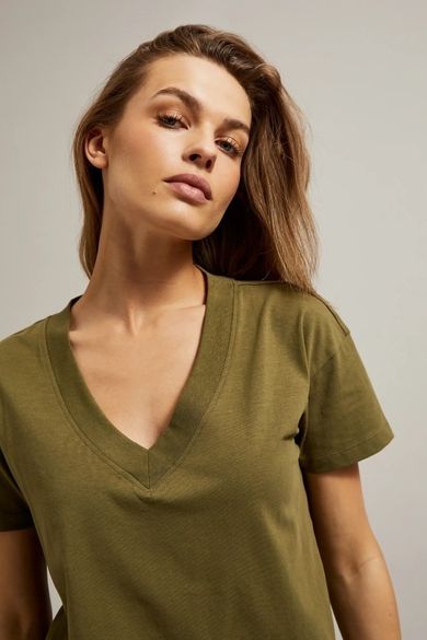 Bluzka damska z krótkim rękawem, khaki, Moodo
