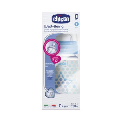 Chicco, Well-Being, butelka antykolkowa, wolny przepływ, Gwiazdka, niebieska, 150 ml