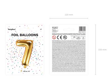 PartyDeco, balon foliowy, w kształcie cyfry 7, złoty, 35 cm