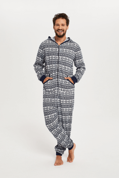 Piżama jednoczęściowa męska z kapturem, granatowa, Alaska, Italian Fashion