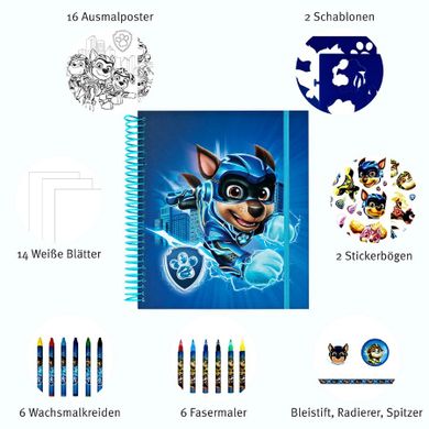 Psi Patrol, kolorowanka z plastikowymi szablonami i naklejkami, zestaw artystyczny