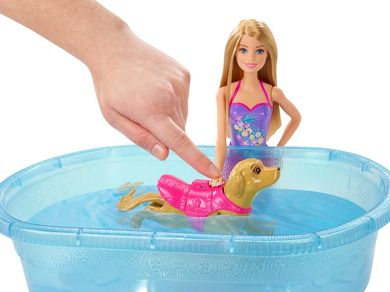 Barbie, Pływający piesek, lalka z akcesoriami