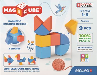 Geomag, Magicube, 3 Shapes, Recycled Animals, klocki magnetyczne, 9 elementów