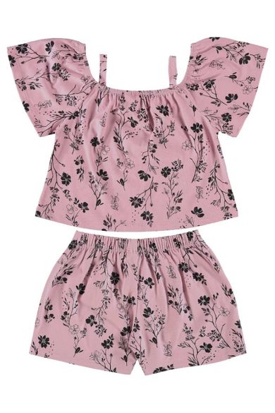 Komplet dziewczęcy, Bluzka z krótkim rękawem, crop top, Szorty, różowy, Quimby
