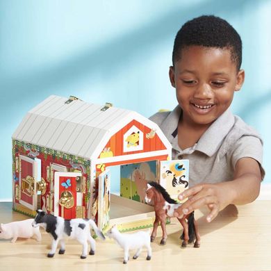 Melissa & Doug, drewniana stodoła ze zwierzętami, walizka z zamkami i zatrzaskami