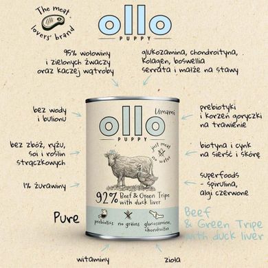 Ollo, Puppy Umami, mokra karma dla psa, wołowina i kaczka, 850 g