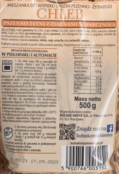 Polskie Młyny, chleb pszenno-żytni z ziarnami słonecznika, 500 g