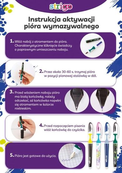 Strigo, pióro wieczne ścieralne z 2 nabojami, różowe