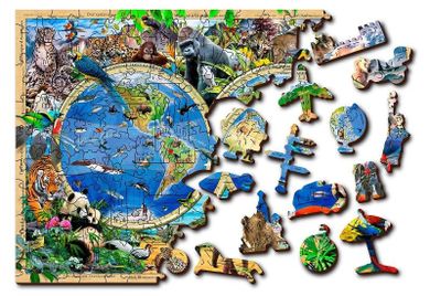 Wooden.City, Zwierzęta świata, mapa, drewniane puzzle z figurkami, 1010 elementów