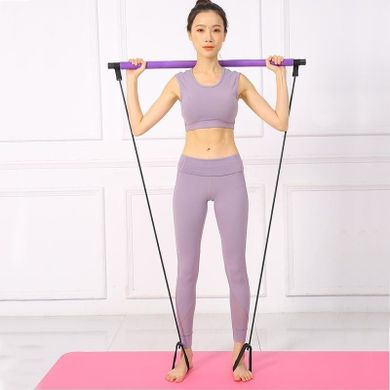 Drążek fitness z gumami do ćwiczeń, Pilates Bar, fioletowy