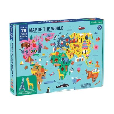 Mudpuppy, Mapa Świata, puzzle z elementami w kształcie budynków i zwierząt, 78 elementów
