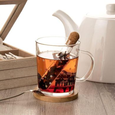 Orion, kubek szklany z zaparzaczem i podstawką bambusową, domki, 3 elementy, 400 ml