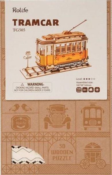 Robotime, Tramwaj, drewniane puzzle 3D, 145 elementów