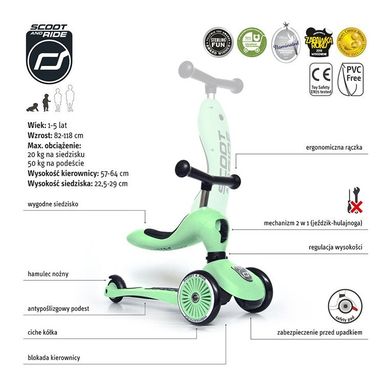 Scoot & Ride, Highwaykick 1, jeździk i hulajnoga 2w1, Kiwi